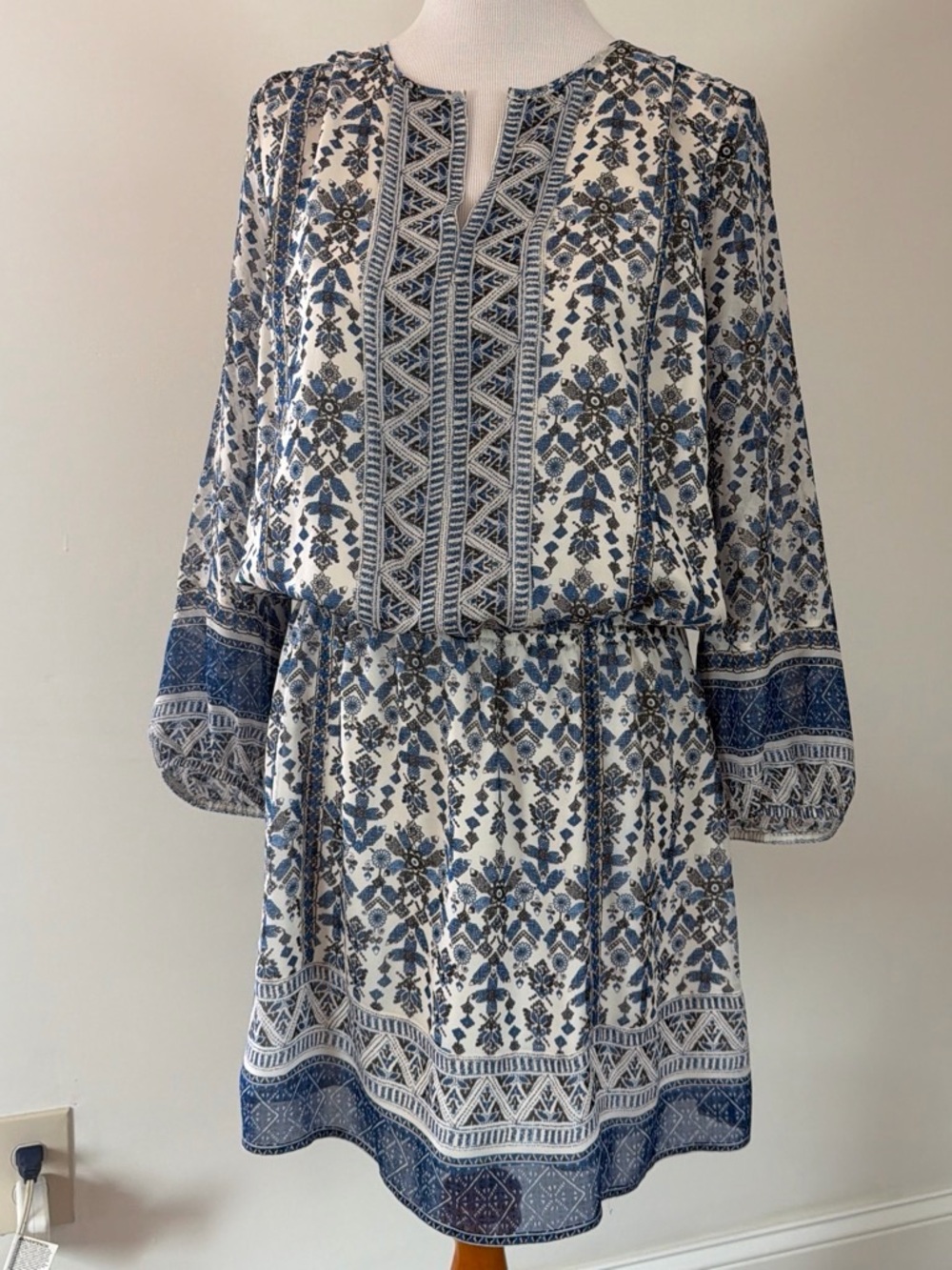 Joie Blue and White Printed Peasant Mini Dress